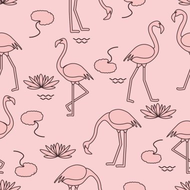 Flamingo, çiçek ve yaprakları nilüferler ile Seamless modeli. Tasarım poster ya da baskı için.