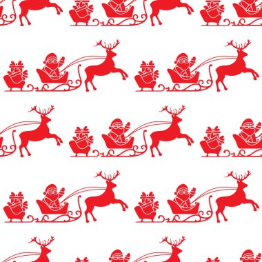 Noel ve mutlu yeni yıl 2019 seamless modeli. Vektör çizim Noel Baba hediyeleri kıvrıla reindeers ile birlikte. Tasarımı için yazdırma.