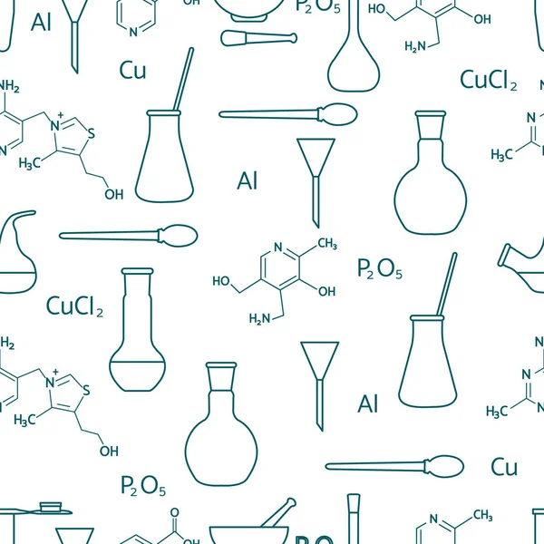 Wetenschappelijke Vector Naadloze Patroon Met Kolven Reageerbuisjes Bekers Tools Formules — Stockvector