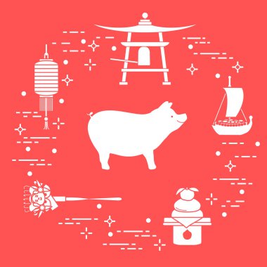 Mutlu yeni yıl 2019 kartı. Japonya'da yeni yıl sembolleri. Yaban domuzu, fener, çan, mochi, portakal, hazine gemi. Farklı ülkelerin şenlikli gelenekleri.