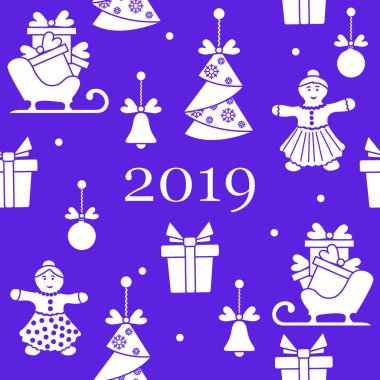 Noel ve yeni yıl sembolleri ile Seamless modeli. Noel ağaçları origami, zencefilli kurabiye adam, çan, toplar, kızakları, hediyeler.