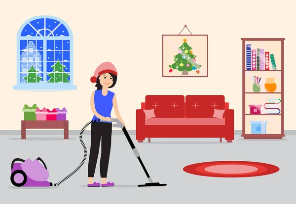 Happy New Year 2019 Christmas Vector Illustration Girl Cleans Decorates — Stock Vector