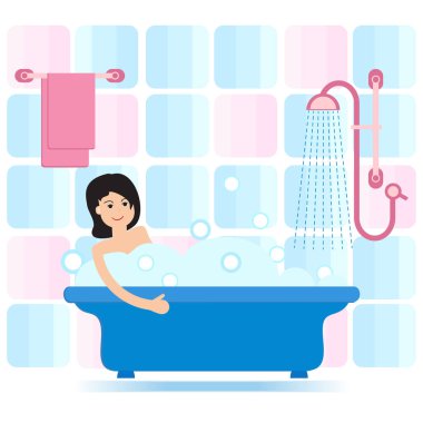 Vektör karikatür tarzı çizim kadın sabun köpüğü ile tam banyo. Rahatlatıcı kız banyoda. Banyo iç.