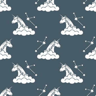 Sihirli unicorn ve takımyıldızları, bulutlar ile Seamless modeli. Tasarım çocuk grafik, t-shirt, kapak, hediye kartı için.
