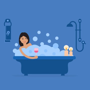 Vektör karikatür tarzı çizim kadın sabun köpüğü ile tam banyo. Rahatlatıcı kız banyoda. Banyo iç.