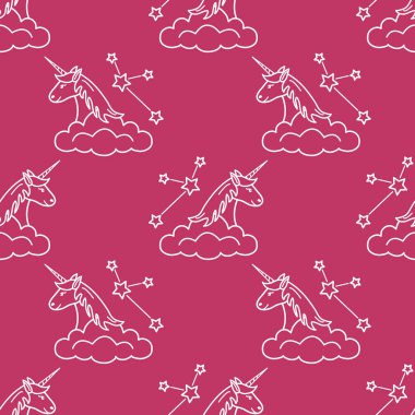 Sihirli unicorn ve takımyıldızları, bulutlar ile Seamless modeli. Tasarım çocuk grafik, t-shirt, kapak, hediye kartı için.