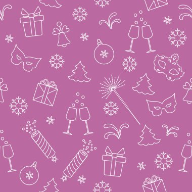 Yeni yıl sembolleri ile Seamless modeli. Hediyeler, havai fişek, havai fişek, boncuk, şampanya, çan, yılbaşı ağacı, maske, takvim, yıldız, kar taneleri ile gözlük.