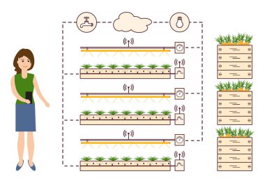 Kadın akıllı çiftlik ve tarım denetler. Düzey izleme ve kontrol, sıcaklık, nem, ışık. Bitkilerin ekimi. Yeni teknolojiler. Yüksek verim.