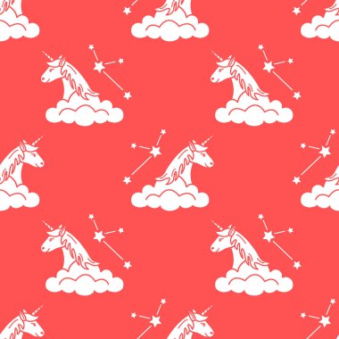 Sihirli unicorn ve takımyıldızları, bulutlar ile Seamless modeli. Tasarım çocuk grafik, t-shirt, kapak, hediye kartı için.