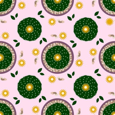 Saksı kaktüs ile Seamless modeli. Vektör çizim ev bitkileri ile. Kart, sarma, kumaş, yazdırma için tasarım.