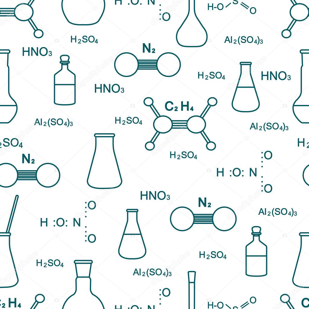 Scientific vector seamless pattern with flasks, beakers, molecule structure and formulas. Education elements. Chemistry, biology, medicine.