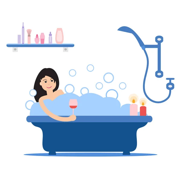 Vector Ilustración Estilo Dibujos Animados Mujer Tomando Baño Lleno Espuma — Vector de stock