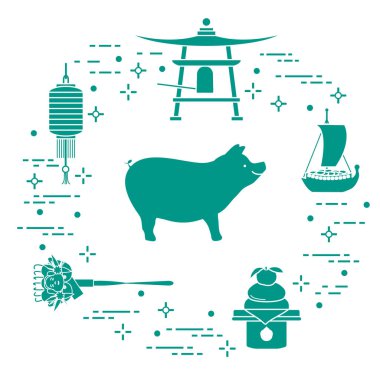 Mutlu yeni yıl 2019 kartı. Japonya'da yeni yıl sembolleri. Yaban domuzu, fener, çan, mochi, portakal, hazine gemi. Farklı ülkelerin şenlikli gelenekleri.