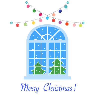 Mutlu yeni yıl 2019 ve Christmas illüstrasyon vektör. Noel pencere kış peyzaj manzaralı çelenk ile dekore edilmiştir. Noel ağaçları, kar.