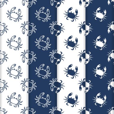 Yengeç ile 4 vektör Dikişsiz desen set. Deniz sakinleri. Hayvanlar su altında. Deniz ürünleri. Ambalaj Kağıt, kumaş ve diğer yazdırma için tasarım.