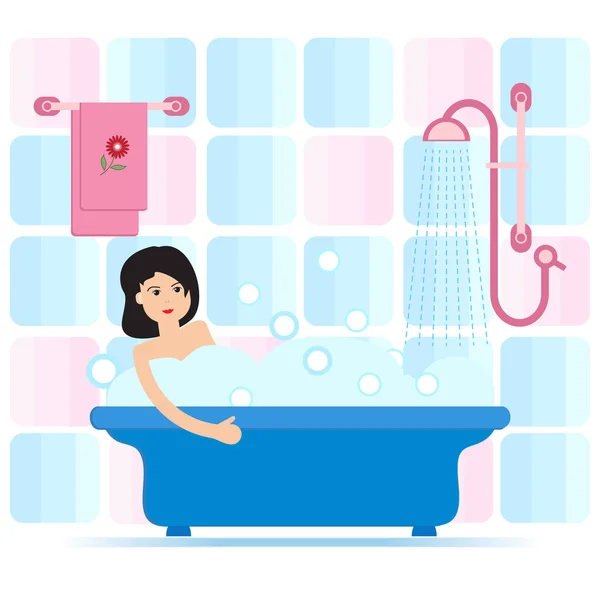 Ilustração Estilo Desenho Animado Vetorial Mulher Tomando Banho Cheio Espuma — Vetor de Stock