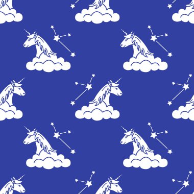 Sihirli unicorn ve takımyıldızları, bulutlar ile Seamless modeli. Tasarım çocuk grafik, t-shirt, kapak, hediye kartı için.