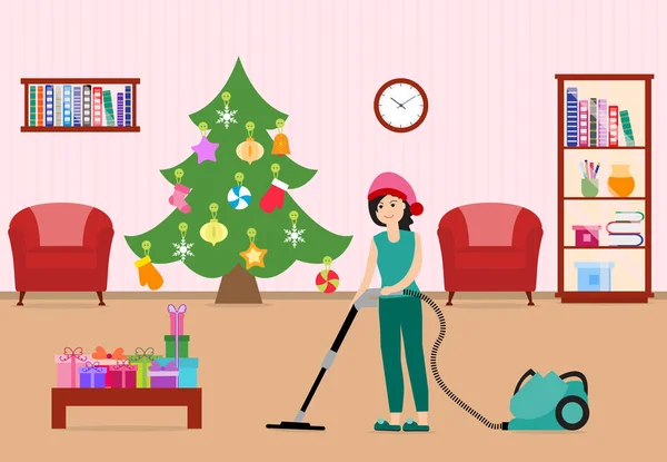 Happy New Year 2019 Christmas Vector Illustration Girl Cleans Decorates — Stock Vector