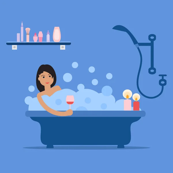 Vector Ilustración Estilo Dibujos Animados Mujer Tomando Baño Lleno Espuma — Vector de stock