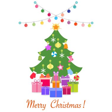 Mutlu yeni yıl 2019 ve Christmas illüstrasyon vektör. Süslenmiş Noel ağacı, hediyeler, çelenk.