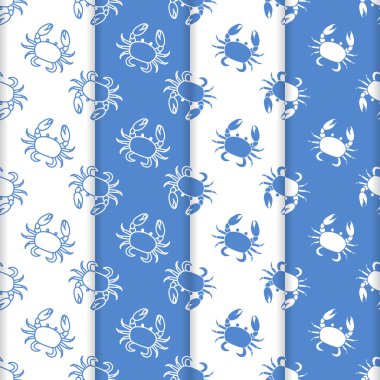 Yengeç ile 4 vektör Dikişsiz desen set. Deniz sakinleri. Hayvanlar su altında. Deniz ürünleri. Ambalaj Kağıt, kumaş ve diğer yazdırma için tasarım.