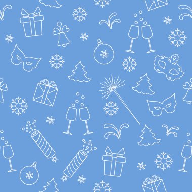 Yeni yıl sembolleri ile Seamless modeli. Hediyeler, havai fişek, havai fişek, boncuk, şampanya, çan, yılbaşı ağacı, maske, takvim, yıldız, kar taneleri ile gözlük.