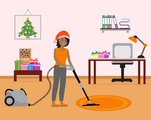 Happy New Year 2019 Christmas Vector Illustration Girl Cleans Decorates — Stock Vector
