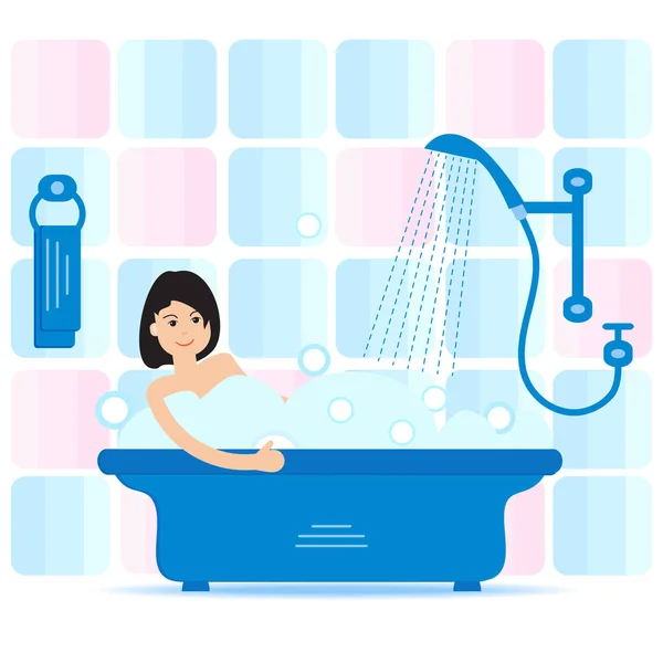 Vector Ilustración Estilo Dibujos Animados Mujer Tomando Baño Lleno Espuma — Vector de stock