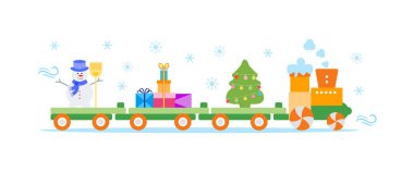 Komik vektör çizim Noel Tren taşır Noel ağacı ile süpürge, hediyeler ile kardan adam. Mutlu yeni yıl 2019, Noel kartı.