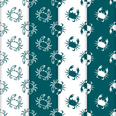 Yengeç ile 4 vektör Dikişsiz desen set. Deniz sakinleri. Hayvanlar su altında. Deniz ürünleri. Ambalaj Kağıt, kumaş ve diğer yazdırma için tasarım.