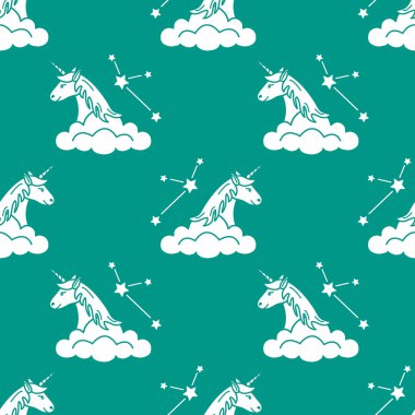 Sihirli unicorn ve takımyıldızları, bulutlar ile Seamless modeli. Tasarım çocuk grafik, t-shirt, kapak, hediye kartı için.