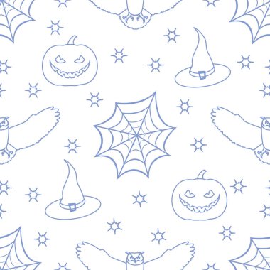 Örümcek ağı, kartal baykuş, kabak, şapka, cadı, Cadılar Bayramı 2019 vektör seamless modeli yıldız. Parti kartı, sarma, kumaş, yazdırma için tasarım.