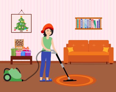 Mutlu yeni yıl 2019 ve Christmas illüstrasyon vektör. Kız temizler ve tatil için oda süsle.