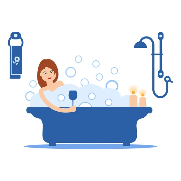 矢量动画片风格例证妇女洗澡充满肥皂泡沫 在浴室放松的女孩 浴室内饰 — 图库矢量图片