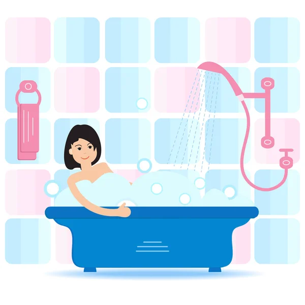 矢量动画片风格例证妇女洗澡充满肥皂泡沫 在浴室放松的女孩 浴室内饰 — 图库矢量图片