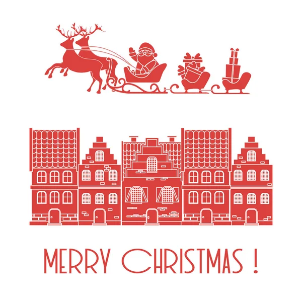 Weihnachtskarte Vektor Illustration Weihnachtsmann Mit Geschenken Schlitten Mit Rentieren Und — Stockvektor