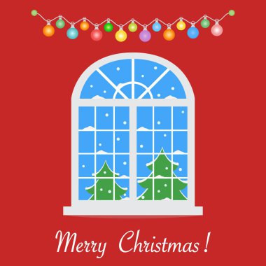 Mutlu yeni yıl 2019 ve Christmas illüstrasyon vektör. Noel pencere kış peyzaj manzaralı çelenk ile dekore edilmiştir. Noel ağaçları, kar.