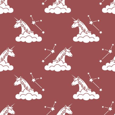 Sihirli unicorn ve takımyıldızları, bulutlar ile Seamless modeli. Tasarım çocuk grafik, t-shirt, kapak, hediye kartı için.