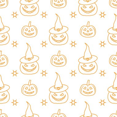 Cadılar Bayramı 2019 vektör pumpkins, cadı şapka ile seamless modeli. Parti kartı, sarma, kumaş, yazdırma için tasarım.
