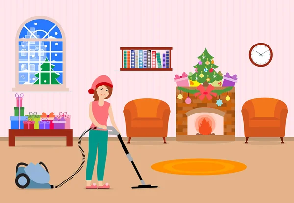 幸せな新しい年 2019年およびクリスマスはベクトル イラストです 女の子をきれいにし 休日のための部屋を飾る — ストックベクタ