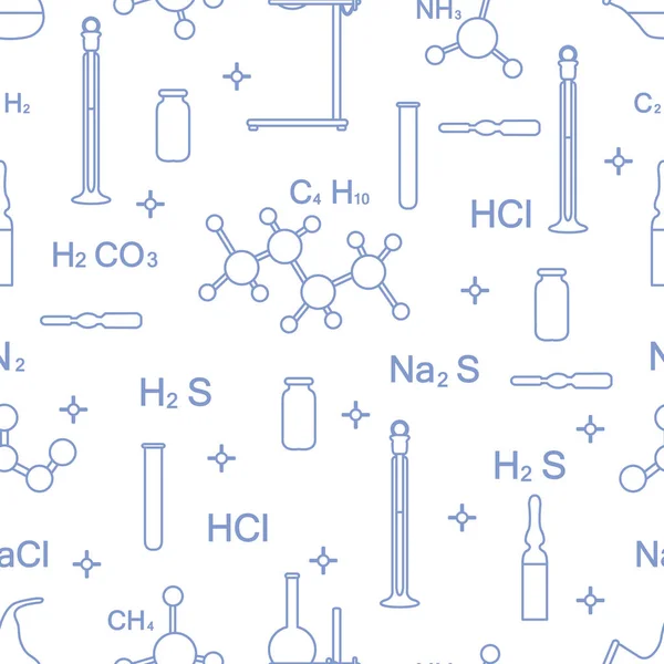Nahtloses Muster Mit Kolben Reagenzgläsern Bechern Werkzeugen Und Formeln Bildungselemente — Stockvektor