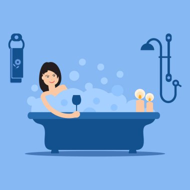 Vektör karikatür tarzı çizim kadın sabun köpüğü ile tam banyo. Rahatlatıcı kız banyoda. Banyo iç.