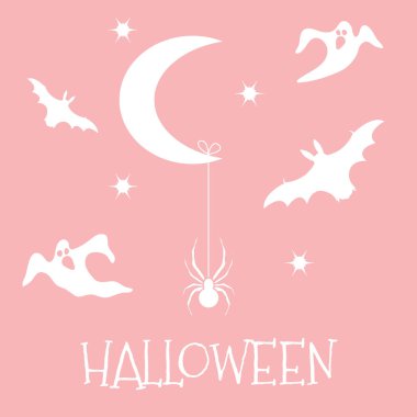 Cadılar Bayramı 2019 vektör çizim ay, yıldız, örümcek, yarasalar, hayaletler. Parti kartı, sarma, kumaş, yazdırma için tasarım.