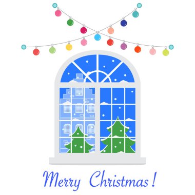 Mutlu yeni yıl 2019 ve Christmas illüstrasyon vektör. Noel pencere kış peyzaj manzaralı çelenk ile dekore edilmiştir. Noel ağaçları, house, kar. 