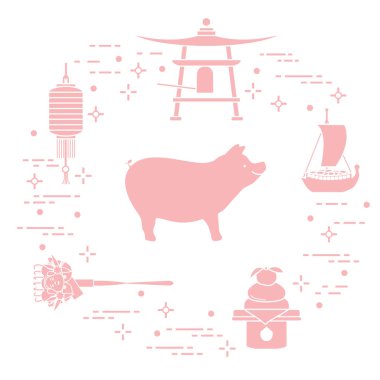 Mutlu yeni yıl 2019 kartı. Japonya'da yeni yıl sembolleri. Yaban domuzu, fener, çan, mochi, portakal, hazine gemi. Farklı ülkelerin şenlikli gelenekleri.