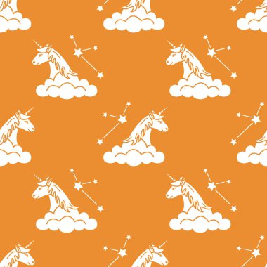 Sihirli unicorn ve takımyıldızları, bulutlar ile Seamless modeli. Tasarım çocuk grafik, t-shirt, kapak, hediye kartı için.