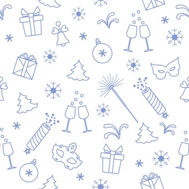 Yeni yıl sembolleri ile Seamless modeli. Hediyeler, havai fişek, havai fişek, boncuk, şampanya, çan, yılbaşı ağacı, maske, takvim, yıldız, kar taneleri ile gözlük.