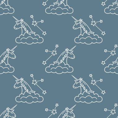 Sihirli unicorn ve takımyıldızları, bulutlar ile Seamless modeli. Tasarım çocuk grafik, t-shirt, kapak, hediye kartı için.