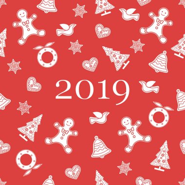 Noel ve yeni yıl sembolleri ile Seamless modeli. Noel ağacı, Noel çelenk, zencefilli kurabiye adam, kuşlar, çan, yıldız, kalpler.