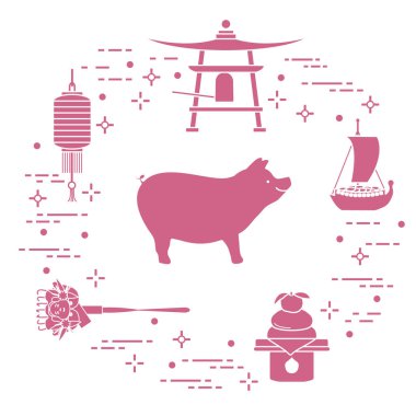 Mutlu yeni yıl 2019 kartı. Japonya'da yeni yıl sembolleri. Yaban domuzu, fener, çan, mochi, portakal, hazine gemi. Farklı ülkelerin şenlikli gelenekleri.